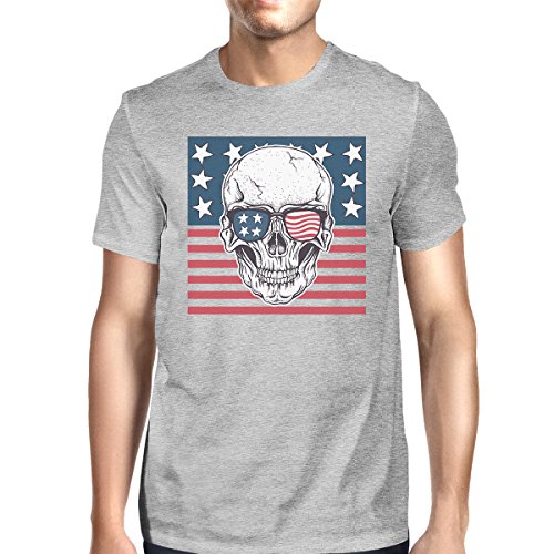 365 Printing Skull American Flag Shirt Mens Gray Round Neck Tee Gifts For Dad