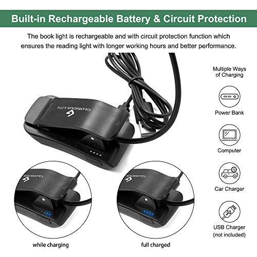 GLORIOUS-LITE 9 LED Book Light/Easy Clip Light Bed, USB Rechargeable Reading Light with Warm/White/Natural Color × 3 Brightness, Eye-Caring & Portable Music Stand Light, Perfect for Kids, Bookworms