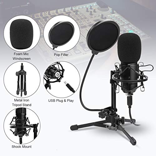 DricRoda USB Microphone,Professional Computer Mic Podcast Mic 192kHz/24bit Studio Condenser Microphone with Tripod Stand,Shock Mount and Pop Filter for Recording,Gaming,YouTube,Plug & Play