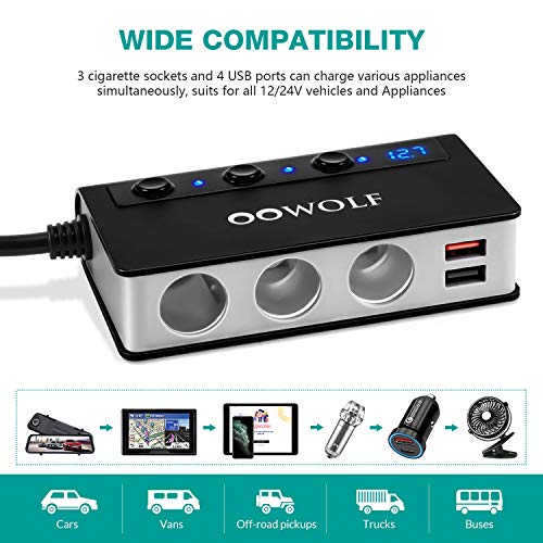 OOWOLF Cigarette Lighter Adapter Quick Charge 3.0 180W 12V/24V 3Socket