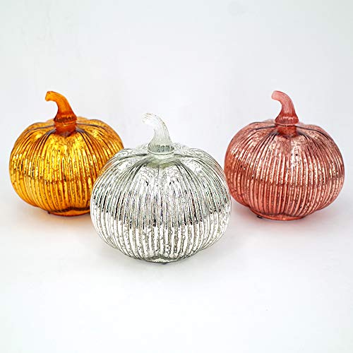 Hvfun Rosegold Thanksgiving Decorative Artificial Pumpkins-Mercury Glass Light up Pumpkin with Timer- Table Centerpieces for Home Decor