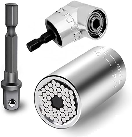 Multi-function 7mm-19mm Ratchet Universal Gator Sockets Metric Wrench Power Drill Adapter Set and 105 Degree Right Angle Extension Power Screwdriver Drill Attachment 1/4" Drive 6mm Hex Magnetic Bit