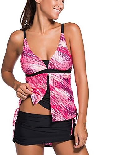 Hihihappy Trendy Womens Summer Colorblock Tankini Top and Bottom Set Swimsuit Bikini Rose(US18-20)XXXL Comfortable