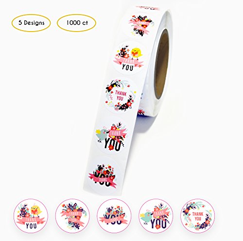 Thank You Stickers roll 1.5 inch – 5 Assorted Floral Designs– 1000 pack of round Adhesive labels – Perfect for Baby Shower Thank you cards, Shipping Envelopes and Small Businesses by Akshaya