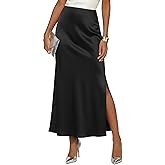 Women's Satin High Waisted Side Split Maxi Skirt Elastic Waistband Long Silk Skirts A-Line Skirts for Women