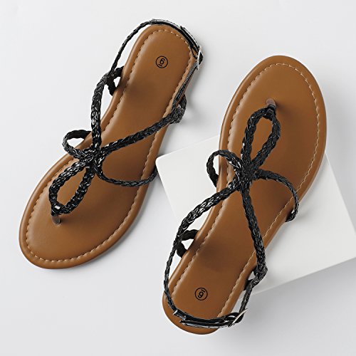 Rekayla Flat Sandals Braided Strap Tong Sandal for Women Black 08