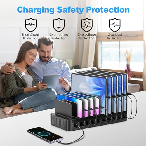 HISUEKIG USB Charging Dock, 10 Ports 15 W Charging Station with 10 Cables, Phone Charger Stand, Portable Phone Charging Station (Black)