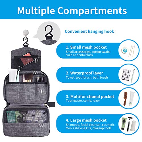 Travel Toiletry Bag Dopp Kit, Waterproof Hanging Toiletries Shaving Organizer Hygiene Bag for Women Men Compact Portable Gym Shower Bathroom Toiletry Storage Bag (Gray) 2 Travel Toiletry Bag Dopp Kit, Waterproof Hanging Toiletries Shaving Organizer Hygiene Bag for Women Men Compact Portable Gym Shower Bathroom Toiletry Storage Bag (Gray)