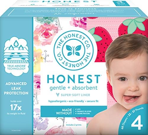The Honest Company Club Box – Size 4 – Rose Blossom & Strawberries Print with TrueAbsorb Technology Plant-Derived Materials Hypoallergenic 60 Count