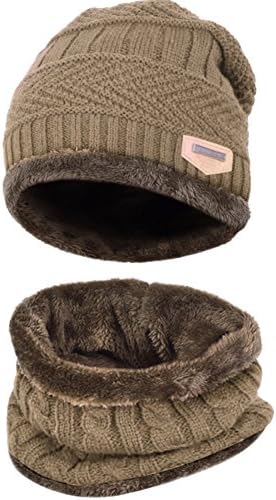 Beanie Hat Scarf Set - SWAMPLAND Winter Warm Fleece Lined Skull Cap and Scarf for Men Women,Khaki