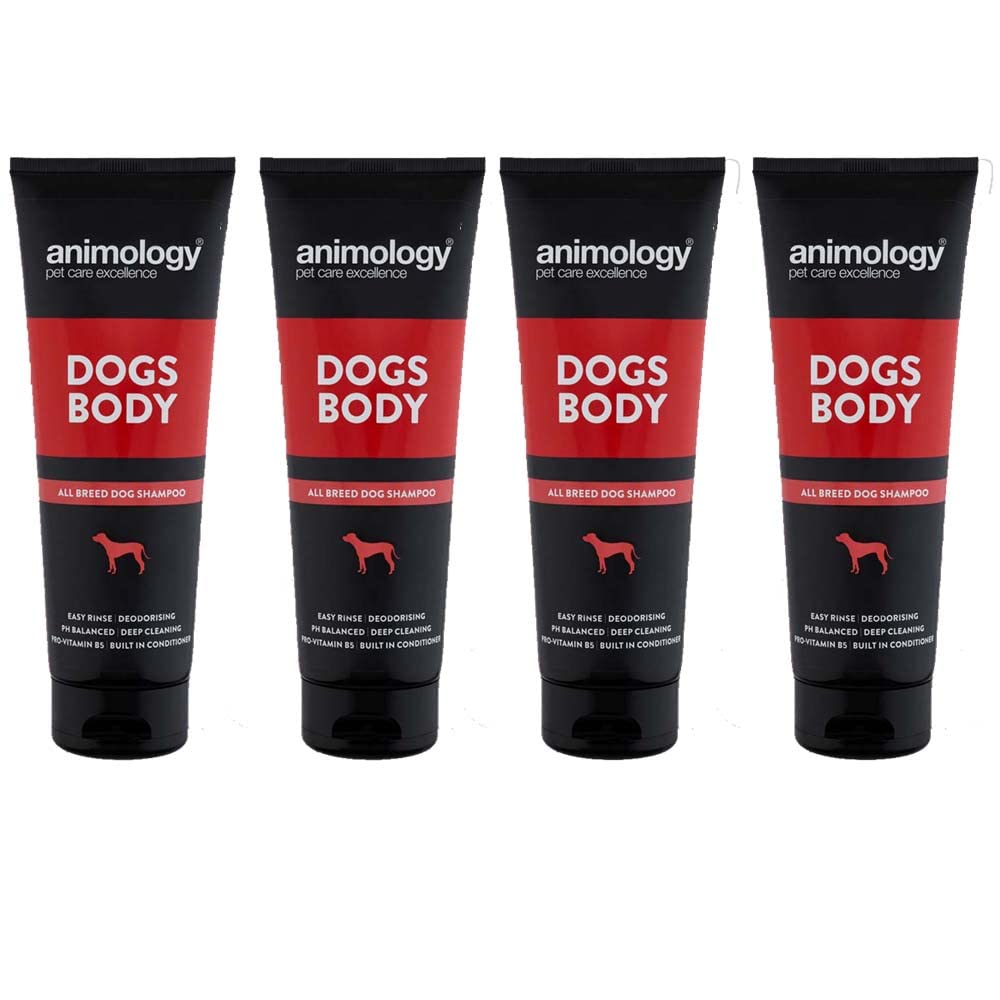 Animology Dogs Body | All Breed Dog Shampoo | Deodorising and Deep Cleaning | Easy Rinse Formulation | Pro-Vitamin B5 | pH Balanced | With Built In Conditioner | 250 ml Pack of 4