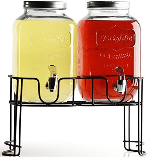 Circleware Yorkshire Mason Jar Glass Beverage Drink Dispensers with Decorative Metal Stand and Metal Lids, 1 Gallon Each