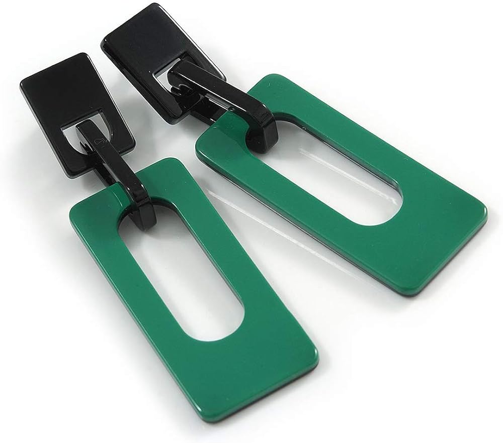 Statement Green/Black Square Acrylic Drop Earrings - 90mm Long, black, green