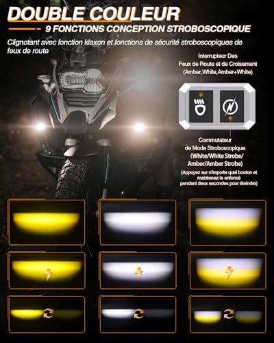 BraveWAY 60W 18000LM Motorcycle Additional Lights Upgraded LED Auxiliary Fog White Amber Waterproof 9 Modes Strobe Wiring Harness Kit Plug and Play and 2 Mounting Brackets