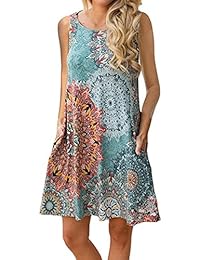 caiying verano para mujer Casual sin mangas floral impreso Swing vestido de Midi vestido de verano con bolsillos