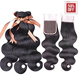 Allrun Hair 7A Brazilian Body Wave 3 Bundles with Free Part Lace Closure 100% Unprocessed Human Hair Weave Extensions Bundles with 4×4 Closures (18 20 22+18