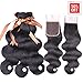Allrun Hair 7A Brazilian Body Wave 3 Bundles with Free Part Lace Closure 100% Unprocessed Human Hair Weave Extensions Bundles with 4×4 Closures (18 20 22+18