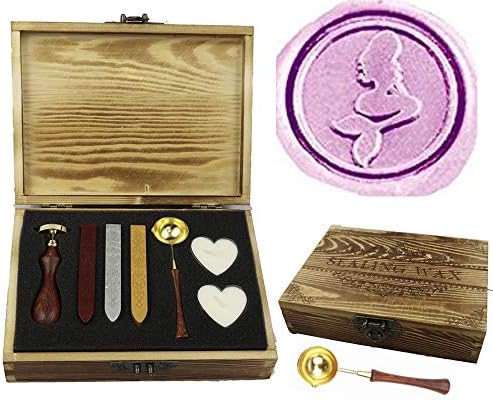 MNYR Mermaid Wax Seal Stamp Sealing Wax Sticks Candle Wood Gift Box Kit Wedding Invitation Envelope Christmas Card Package Sealing Wax Stamp Seal Set