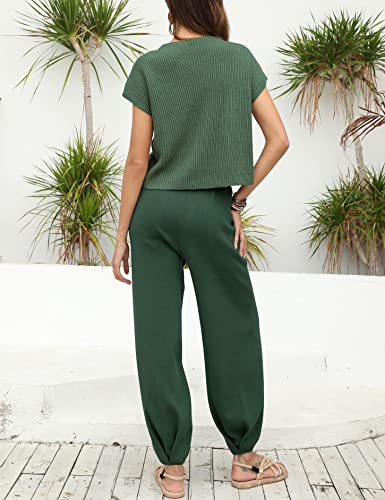 UGERLOV WOMEN’S TWO PIECE OUTFITS SWEATER SETS KNIT PULLOVER TOPS AND HIGH WAISTED PANTS LOUNGE SETS, DARK GREEN, M