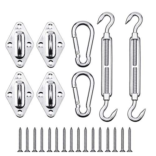 AIYoo Shade Sail Hardware Kit Heavy Duty 304 Stainless Steel Sun Shade Sail Installation M6 Triangle Square Rectangle Sun Shade Sail - 2Pcs Hook Turnbuckles, 4xPad Eyes, 2xSnap Hook, 16x Screw