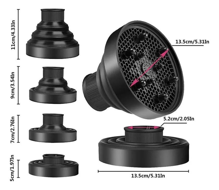 Difusor de Silicone Dobrável Universal para Secador de Cabelo Preto, Portátil e Compacto, Ideal para Viagem, Define Cachos e Distribui o Ar Uniformemente – Qualidade Premium LNSTORE