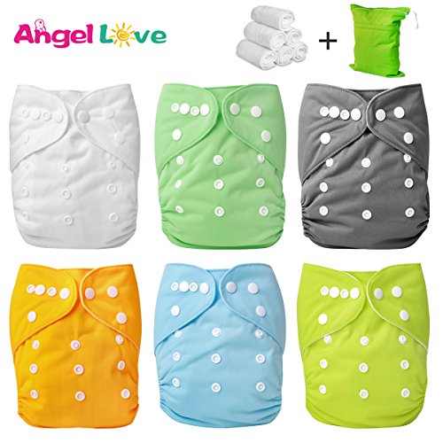 Cloth Diapers, Angel Love 6 Pack Diaper Covers+6 Diaper Inserts+1 Wet Dry Bag, Baby Washable Cloth Pocket Diapers, Reusable, All in one Size, Adjustable Snap, Gift Set, 1ZH01 (Neutral Color)