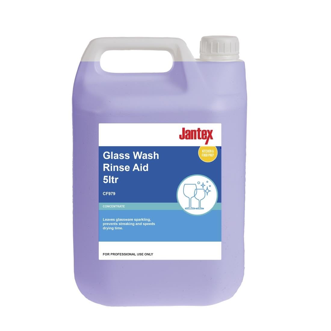 Jantex Commercial Glasswasher Rinse Aid Concentrate 5 Litre, Blue, Commercial Use Rinse Aid, Low Foaming, Suitable for use in Cabinet Glass Washers, CF979