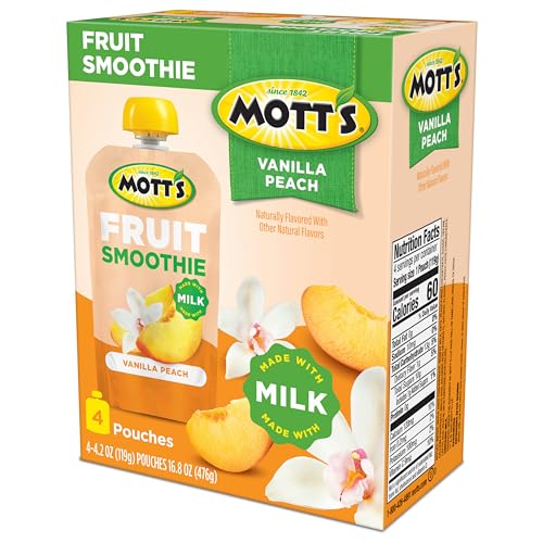 MOTT’S FRUIT SMOOTHIES VANILLA PEACH, 4.2 OZ CLEAR POUCHES, 4 PACK, MADE WITH MILK, MADE WITH REAL FRUIT, GOOD SOURCE OF CALCIUM, ON-THE-GO