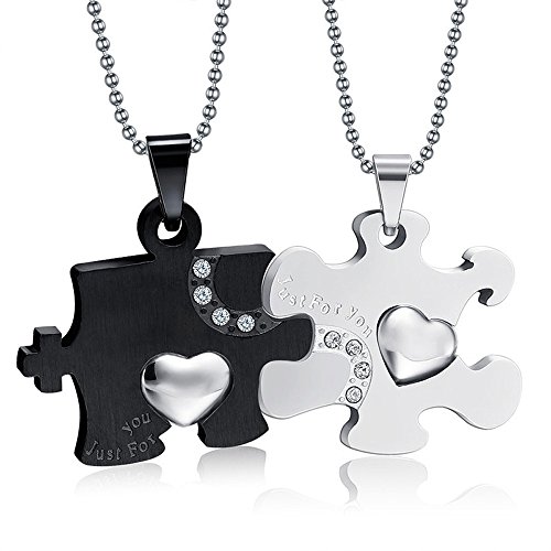 UM Jewelry Mens Womens CZ Stainless Steel Puzzle Heart Couples Necklace Engraved "Just For you"