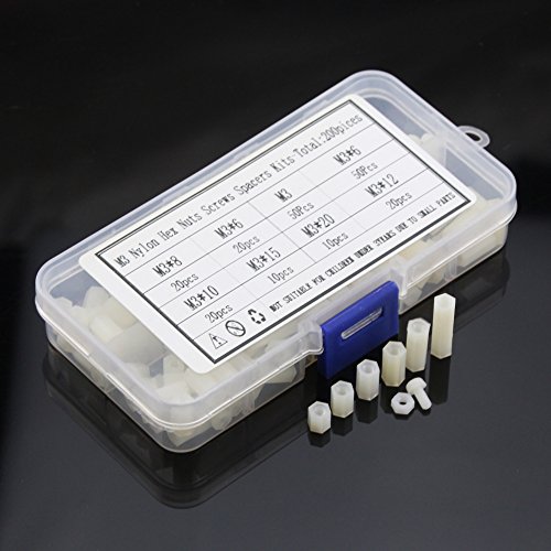 HKM 200 pieces M3 Nylon Male Female Hex Utility Spacer Standoff Screw Nut Assortment Mounting Hardware Kit, Prototyping Accessories Spacer Standoff Varied Length Assortment Box