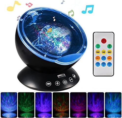 Remote Control Ocean Wave Night Projector 12 LED &amp;7 Colors Night Light with Build-in Speaker,Mood Lighting Lamp for Baby Nursery, Adults and Kids Bedroom, Living Room (Black)