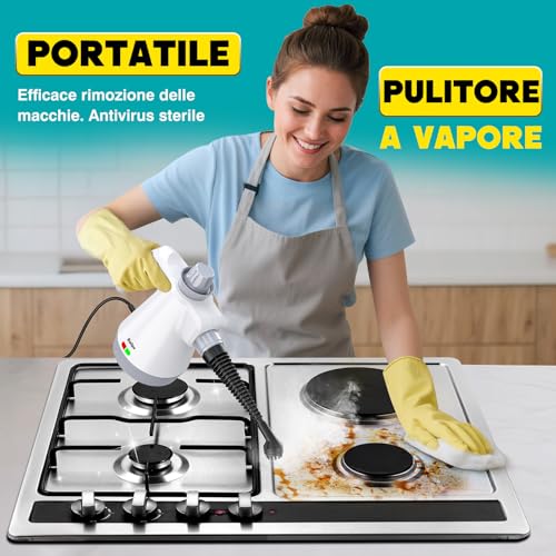 Rolipo Pulitore a Vapore Portatile, Pistola a Vapore Multifunzione Per Uso Domestico, Pressurizzato Con 12 Accessori e Blocco Di Sicurezza, Per La Pulizia Di Cucina, Bagno, Fughe, Finestre, Grasso