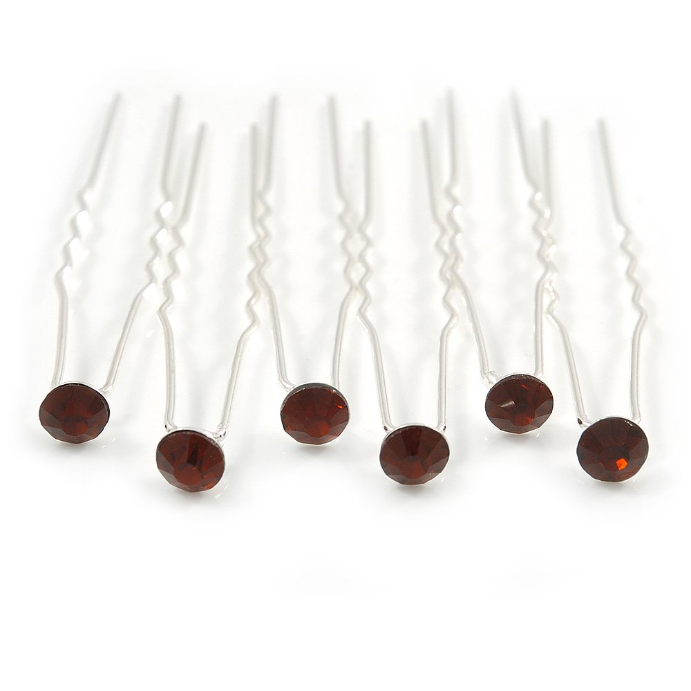Bridal/Wedding/Prom/Party Set Of 6 Brown Amber Austrian Crystal Hair Pins In Silver Tone