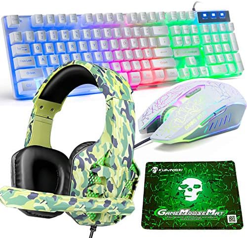 ゲーム用キーボードとマウス 4 In 1 ゲームコンボ レインボー Led バックライト 有線キーボード 2400dpi 6ボタン 光学式ゲーミングヘッドセット ゲーム用マウスパッド Pcゲーム用 グリーン