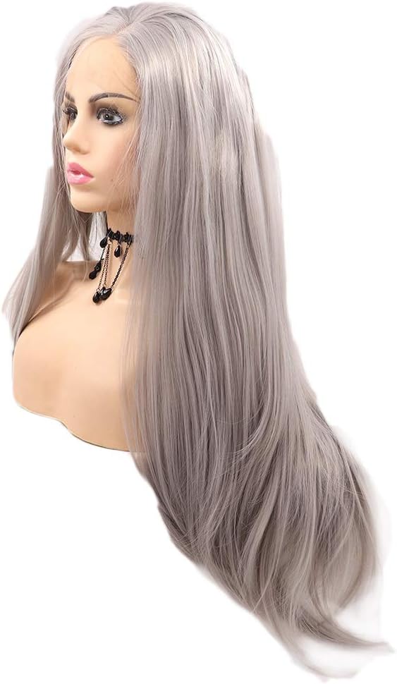 Silver Lace Front Realistic Wigs Grey Lace front Wigs for Women Long Straight Gray Synthetic Wigs Natural Hairline Glueless Heat Resistant Fiber Hair Drag Queen Daily Wear Afro Wig 24 Inch - Image 5