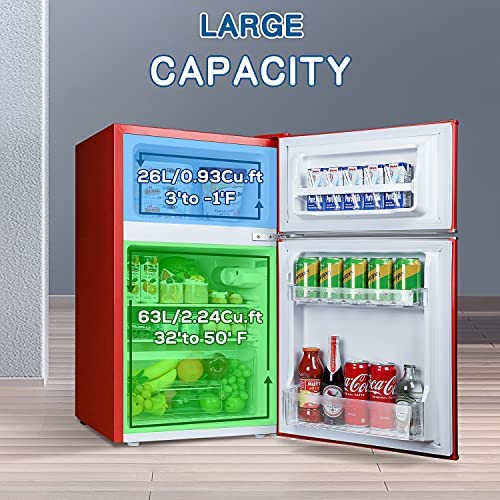 R.W.FLAME mini Refrigerator with Freezer,Retro Small Fridge 3.2 Cu.Ft Double 2Door,Energy