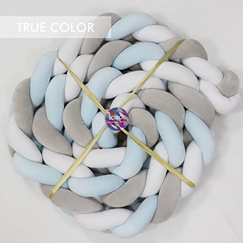 LOAOL Baby Crib Bumper Knotted Braided Plush Nursery Cradle Decor Newborn Gift Pillow Cushion Junior Bed Sleep Bumper (2 Meters, White-Gray-Blue) - Thumbnail 4