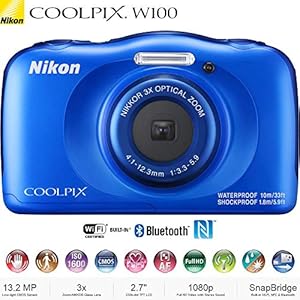 Nikon COOLPIX W100 13.2MP Waterproof Digital Camera 3X Zoom, WiFi (Blue) 26516B - (Certified Refurbished)