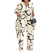 CHICME Women's 2 Piece Outfits Abstract Print Batwing Sleeve V Neck Top with High Slit and Loose Wide Leg Pants Set