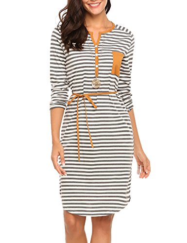 Women's Stripe Tunic Dress Casual Long sleeve Belted Dress,Small,Gray