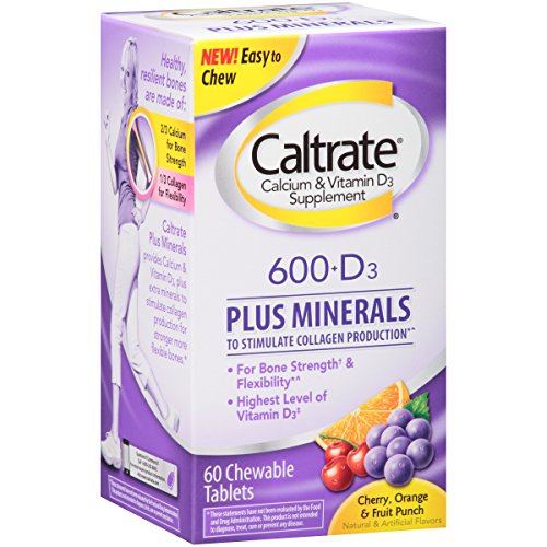 Caltrate 600+D3 Plus Minerals (Cherry, Orange, and Fruit Punch, 60 Count) Calcium & Vitamin D3 Chewable Supplement, 600mg