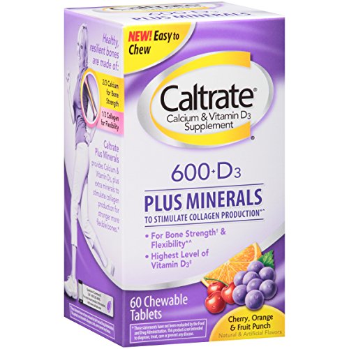 Caltrate Calcium & Vitamin D3 Supplement 600+D3 Plus Minerals Chewable Tablet, 600mg (Cherry, Orange, and Fruit Punch Flavors, 60 Count)