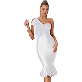 Mesh One Shoulder Bow Midi Dress Fishtail Bandage Cocktail Party Wedding Bridesmaid Evening Gown(White,M)