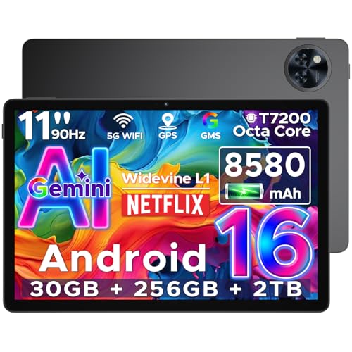 DOOGEETab U11 Pro Android 16 Tablet 11 Inch, 30GB RAM+256GB ROM+2TB TF, Unisoc T7200 Octa-Core 8580mAh Tablets, 90Hz HD Android Tablet, Gemini AI, Widevine L1, Camera 13MP/5G WiFi/3.5mm Audio/GPS