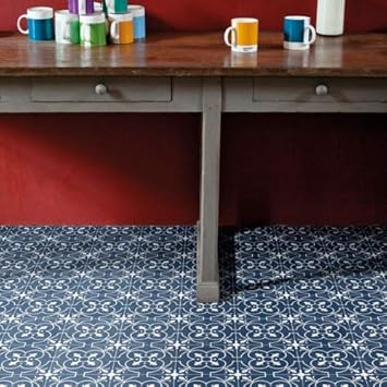Victorian Tile Effect Vinyl Flooring Blue Cushioned Sheet Lino