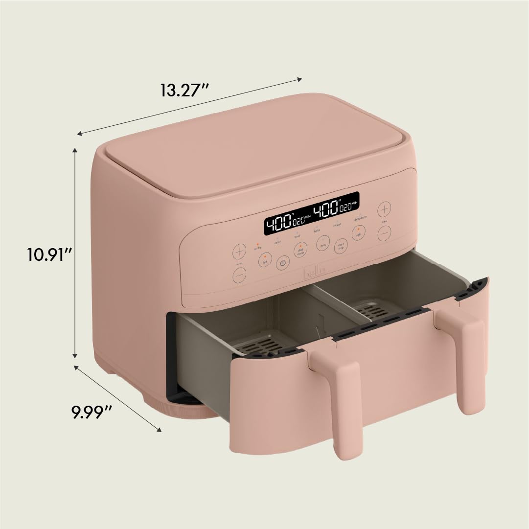 Bella Freidora de aire TriZone de 4 cuartos, revestimiento antiadherente cerámico EverGood™, diseño de canasta doble con divisor extraíble, control de pantalla táctil digital con 6 opciones de cocción preestablecidas, 1200 vatios, capacidad de 3 libras, Blossom