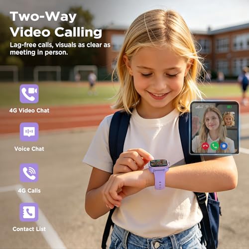 Nuevo 4G Reloj Inteligente Niño con Videollamada & GPS, Smartwatch Niños con SOS, Chat de Voz, Modo Escuela, Podómetro, Despertador, Monitor de Sueño IP68 Impermeable Regalo para Niños Niñas, Púrpura