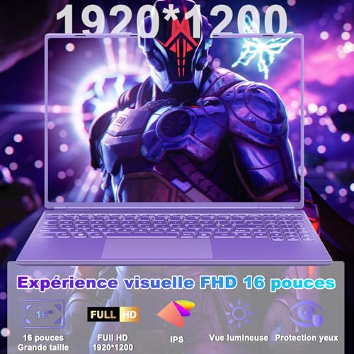 NOTODD Laptop 16'' 12+512GB SSD Support Extension 2TB (HDD-2TB) Celeron N5095 (up to 2.9GHz) 1920x1200 PC Laptop Gamer Win11 Laptop with Type-C HDMI AZERTY Keyboard Cover-Purple