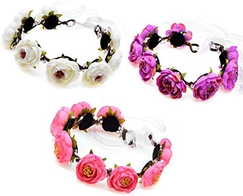 Deepluck Flower Wreath Headband Crown Floral Garland for Festival Wedding Child Headdress Beach Park Party (3pcs no led)