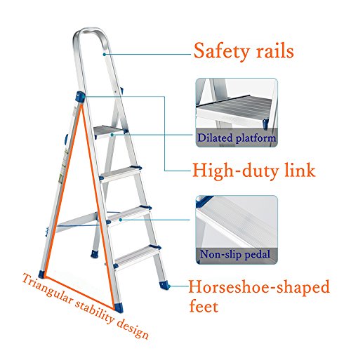 Livebest Aluminium Folding 4 Step Ladder 330 lb Heavy Duty with Non-slip Safety Rails Work Platform,Perfect for Home,School,Office